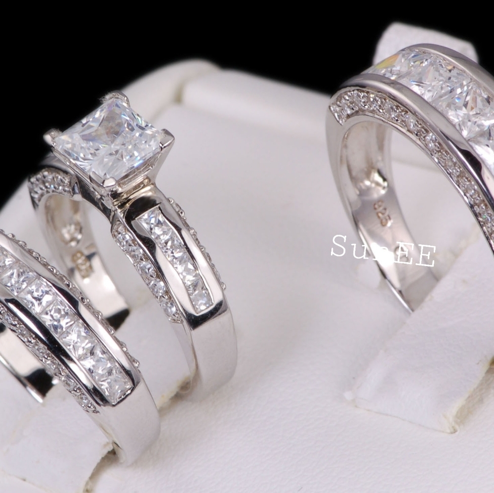 New His Hers Real 925 Wedding Engagement Ring Set